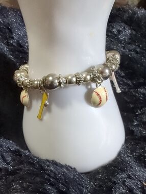 Baseball & Bat Charm Bracelet Silver Beads Heavy Stretch Cord New with tags